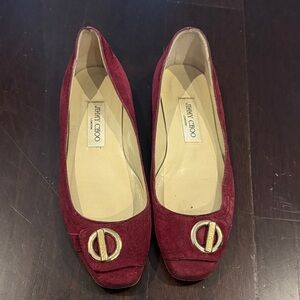 Jimmy Choo Burgundy Suede Loafers with Gold Accent